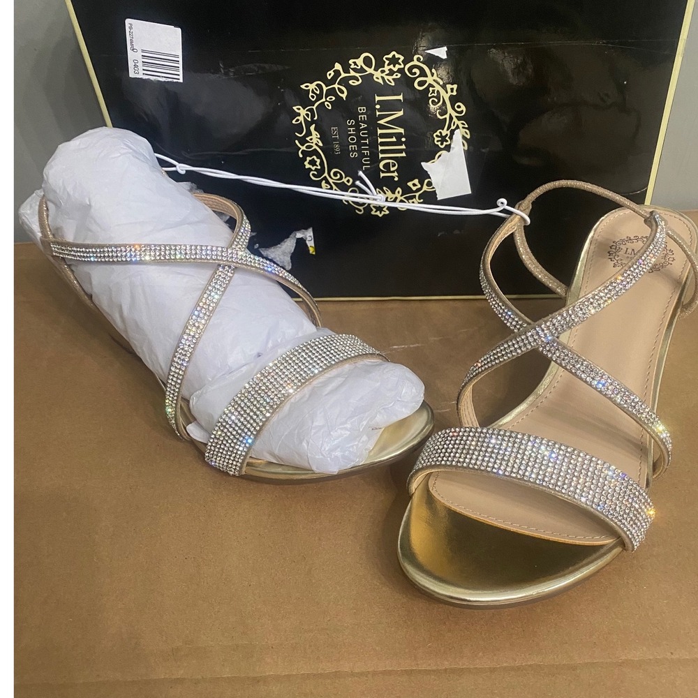 I. Miller Neilson Gold Rhinestone Wedge Sandals Evening Shoes Women 8.5 M New